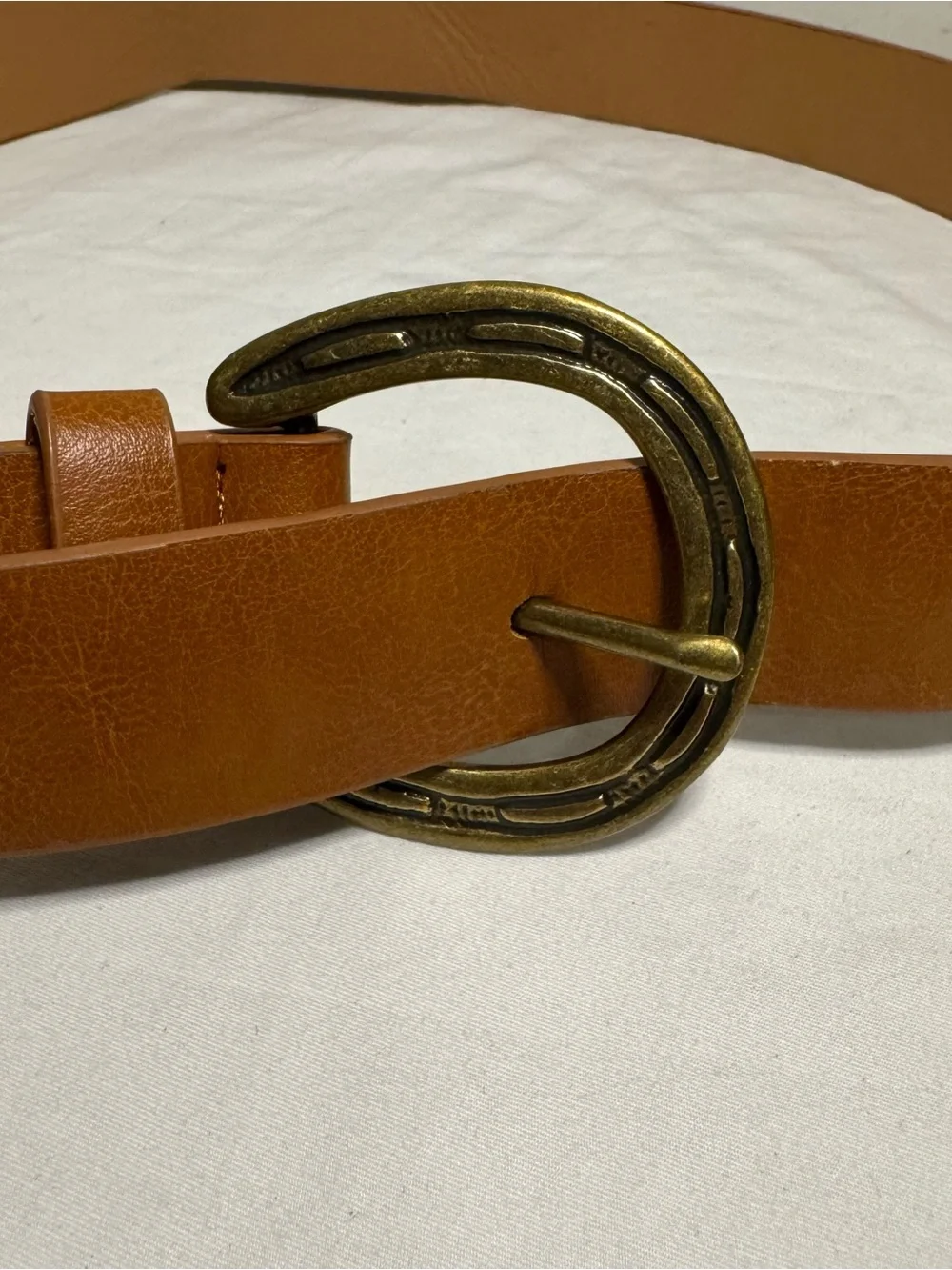 Women's Tan ASOS Belt with Gold Horseshoe Buckle. 34/36 Inches Length